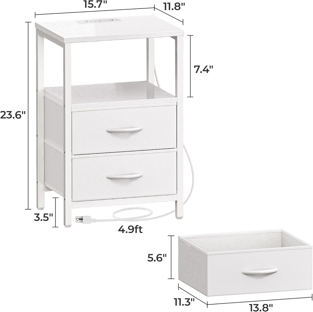 Nightstand with charging station, side table with 2 fabric drawers, end table with open shelf, bedside table with USB-C port and outlets, night stand, PU leather, White - view 2