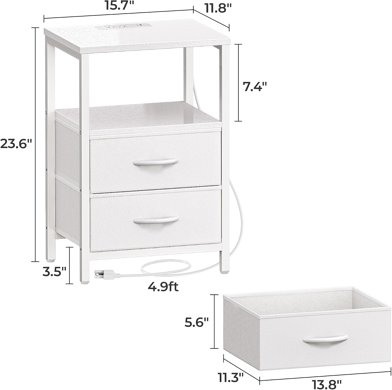 Nightstand with charging station, side table with 2 fabric drawers, end table with open shelf, bedside table with USB-C port and outlets, night stand, PU leather, White - view 2