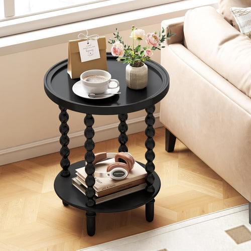 2 Tier Round Side Table with Storage Shelf,Accent Tray End Table with Modern Pedestal Legs, Nightstand Bedside Sofa Table for Living Room Bedtoom Apartment, Black