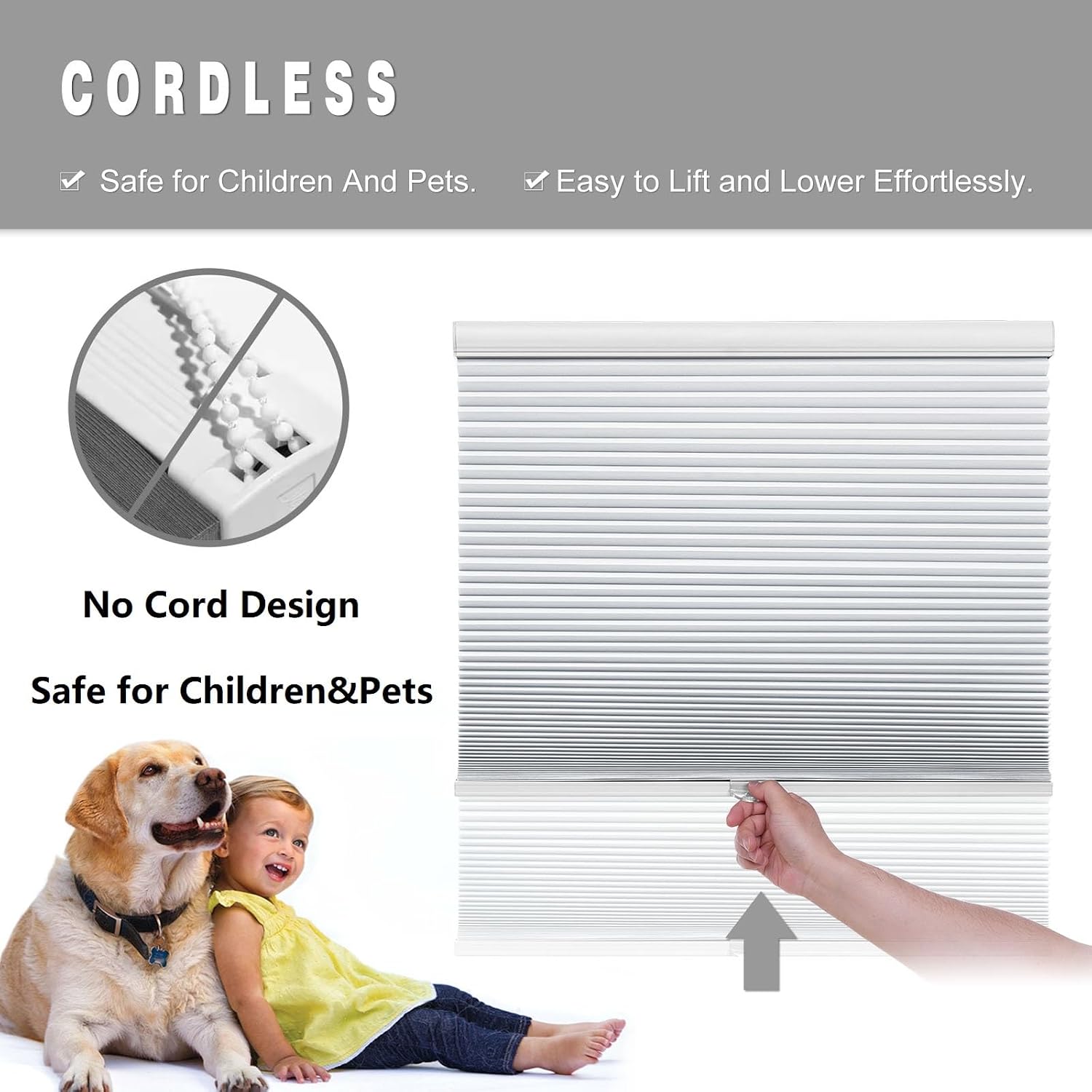 Cordless cellular shades, blackout room darkening black out honeycomb blinds for indoor windows bedroom, pull down pleated accordion blind easy install, shade size 34" Wx72 H, White - view 4
