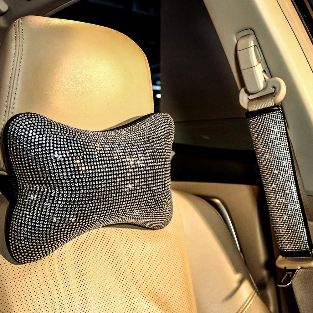 2 pack car neck pillow for driving seat auto headrest cushion head rest neck support relax crystal rhinestone diamond interior bling accessories for women girly comfortable white. - view 8