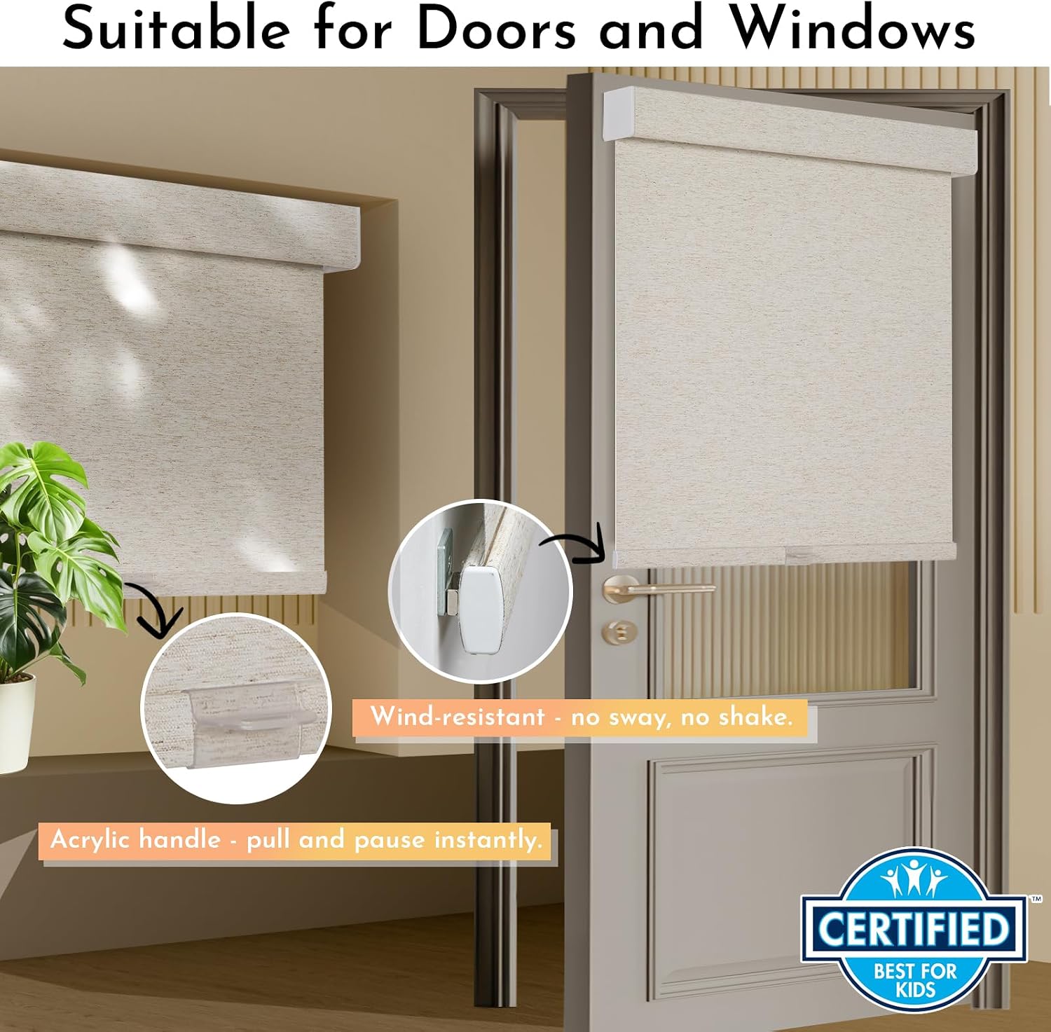 Blackout Roller Shades for Window Blinds,Cordless,Linen Fabric,Thermal Insulated Fabric UV Protection Shades for Home,Office,Bedroom,Door,Blackout-Cream,34 1/2" W X 64" H - view 3