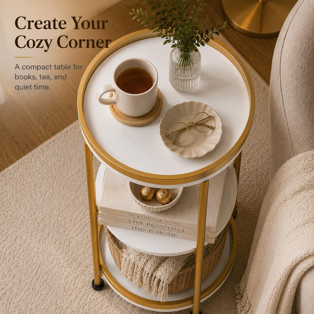 Round Side Table with Storage Tray for Living Room, 15" L x 15" W x 24" H Bedroom Nightstand 3 Tiers Bedside Table with Steel Frame for Small Spaces (White & Gold) - view 6