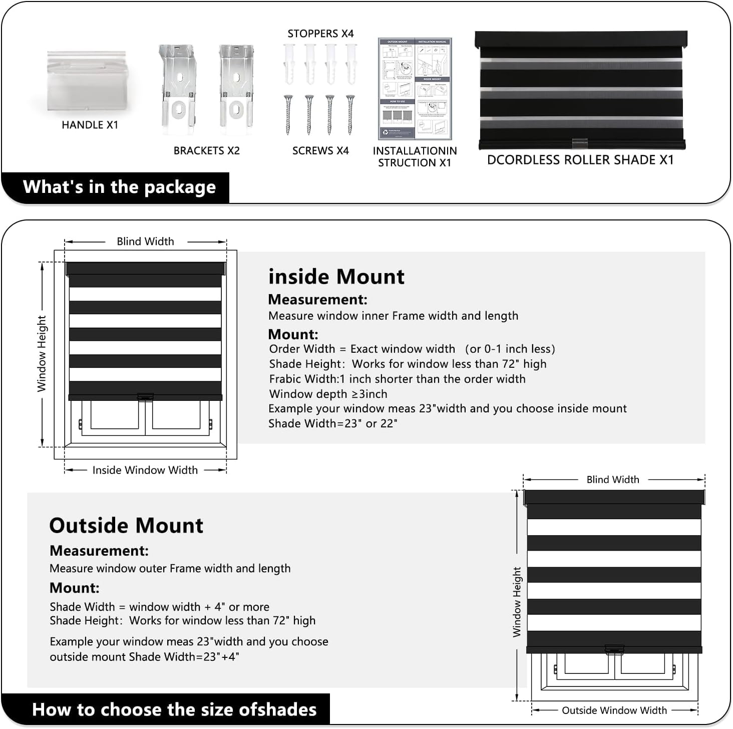 Cordless Zebra Blinds for Indoor Windows, 15" W x 72" H, Black | Light Filtering Roller Window Shade, Dual Layer Light Control for Day & Night, Pull Down Blind Easy Install, Child & Pet Safe - view 4
