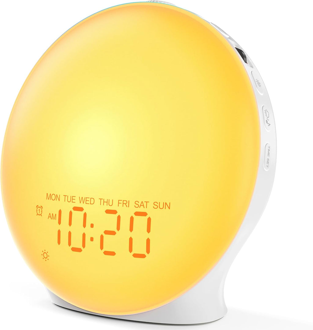 Sunrise alarm clock white noise machine with 25 nature sleep sounds, fully dimmable clock for bedrooms, heavy sleepers, 17 light modes, Bluetooth speaker