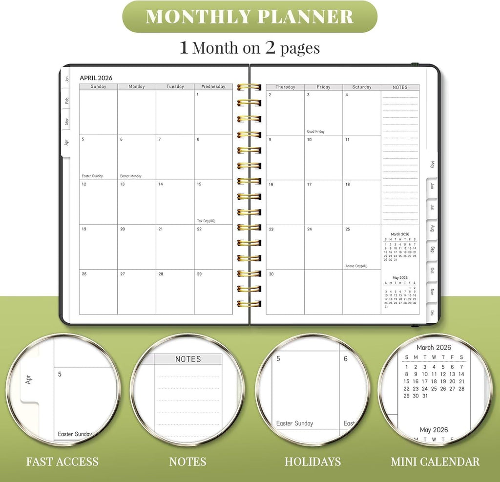 2026 Planner, A5 Weekly and Monthly Planners with Tabs, Spiral Bound Daily Calendar 2026 Planner, Agenda Organizers from Jan. to Dec., Hardcover Habit Tracker Journal 6.18" x 8.5"(Green Butterfly) - view 3