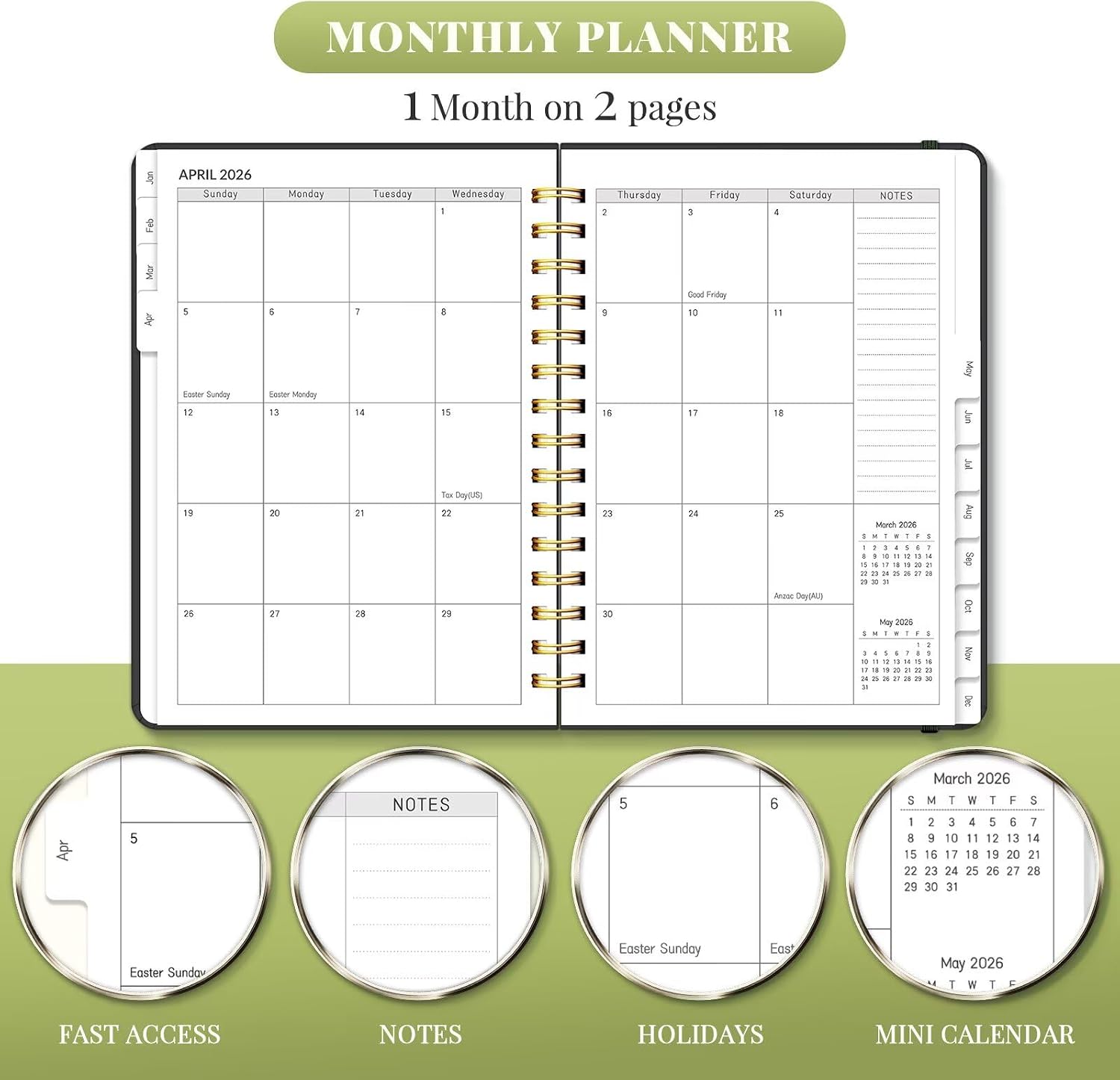 2026 Planner, A5 Weekly and Monthly Planners with Tabs, Spiral Bound Daily Calendar 2026 Planner, Agenda Organizers from Jan. to Dec., Hardcover Habit Tracker Journal 6.18" x 8.5"(Green Butterfly) - view 3