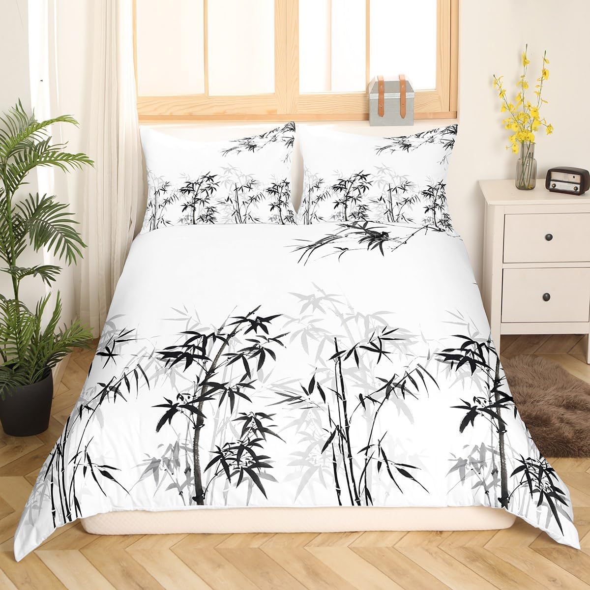 Bamboo Leaves Bedding Set,Ink Art Duvet Cover for Kids Teens Boys Girls,Black White Watercolor Comforter Cover Decorative Room,Bamboo Quilt Cover with 2 Pillowcases,King Size(No Comforter) - view 4
