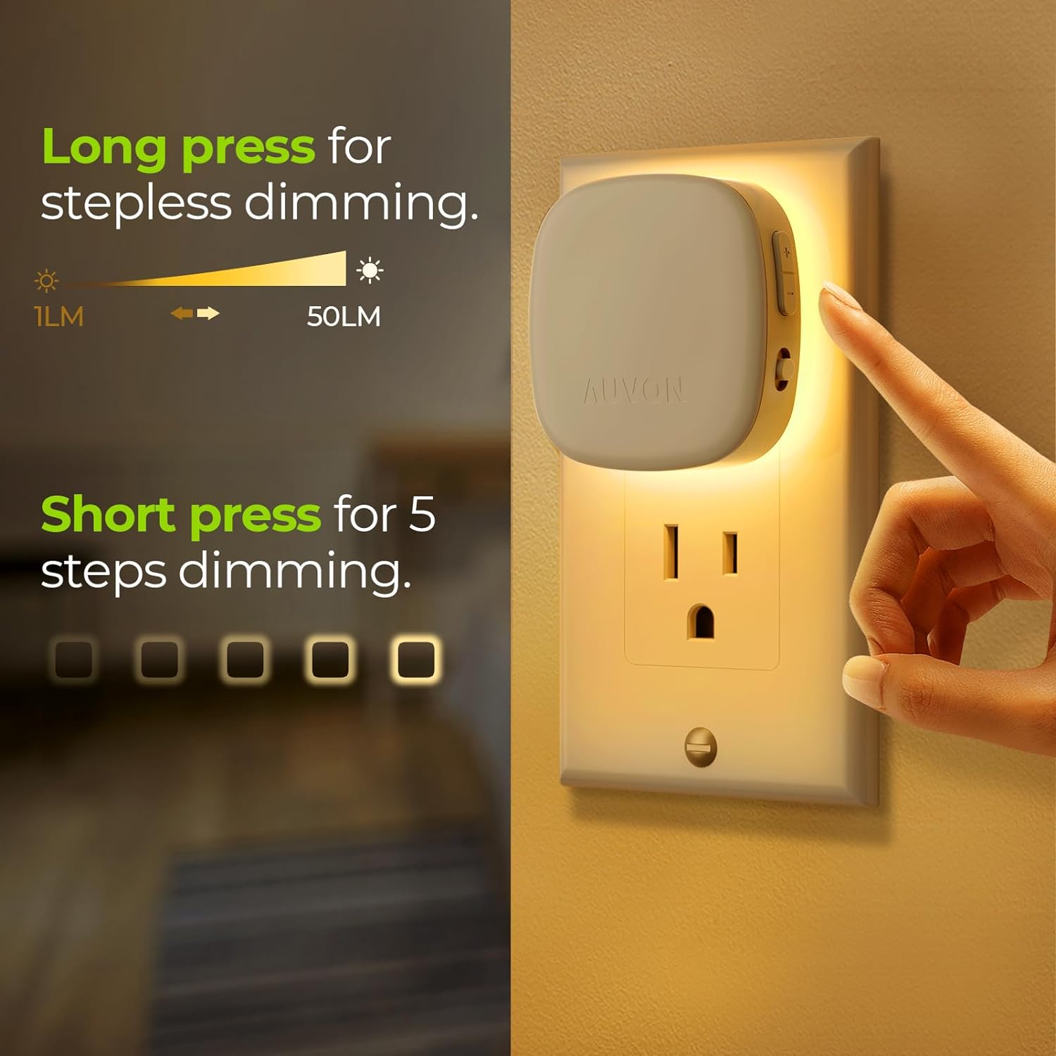 Plug-in LED Backlit Night Light, Motion & Dusk to Dawn Sensor, 2-Pack | 2200K Warm White Nightlight with 1-50lm Dimmable Brightness for Bedroom, Bathroom, Hallway, Kitchen, Garage, Stairs, Nursery - view 5