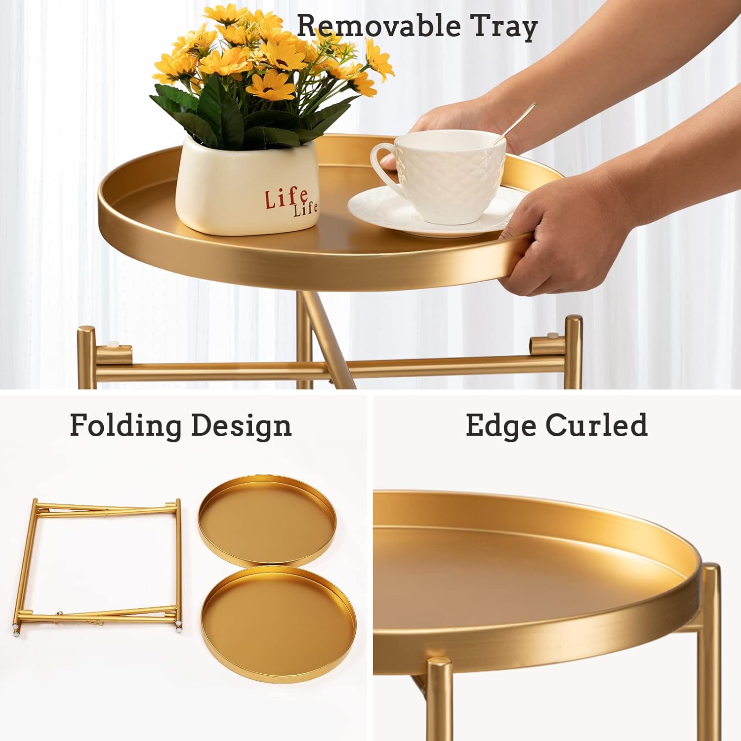 2 Tier Gold Side Table, Folding Round Metal End Table Small Nightstand with Two Removable Tray for Bedroom Living Room Small Spaces Bedside Gold - view 6