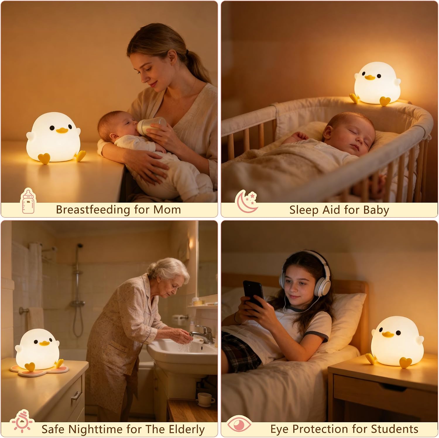 Night light, squishy silicone bedside light for baby nursery | BPA-free silicone, dimmable, 20min timer, rechargeable touch light, cute ducky lamp, boys girls room decor, gift for kids - view 6