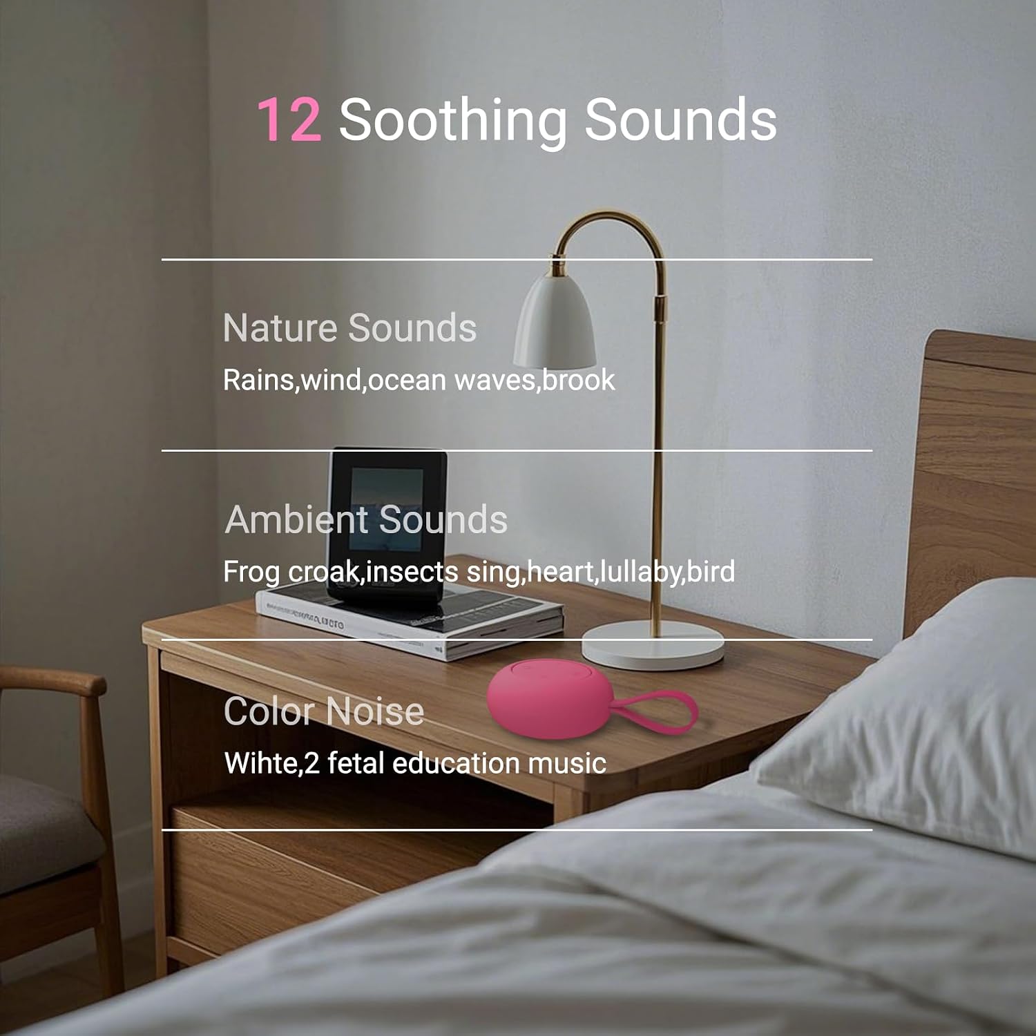 Portable baby sound machine [white noise for babies kids adults] [sleep soother] [12 soothing sounds] 15 hours battery life, registry gift, shower, clips on baby stroller Rose - view 2