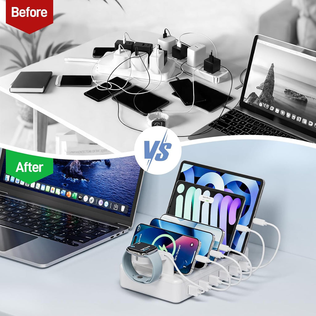 Charging station for multiple devices, 50W 6 ports charging dock with stand | 6 cables, compatible with cellphone, tablet, Kindle, Apple watch and other electronic, 1 USB-A to USB-C adapter converter - view 5