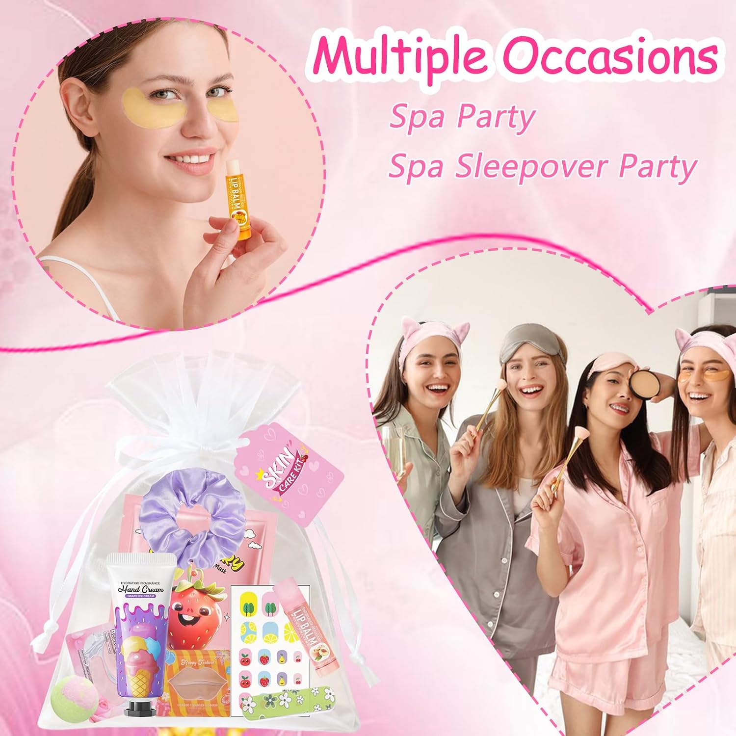 96 pcs spa party supplies for women, spa favors include face masks, hand cream, lip balm, under eye patches, lip mask, foot bomb, nail stickers, sleepover party supplies birthday kit for girls gift set - view 3