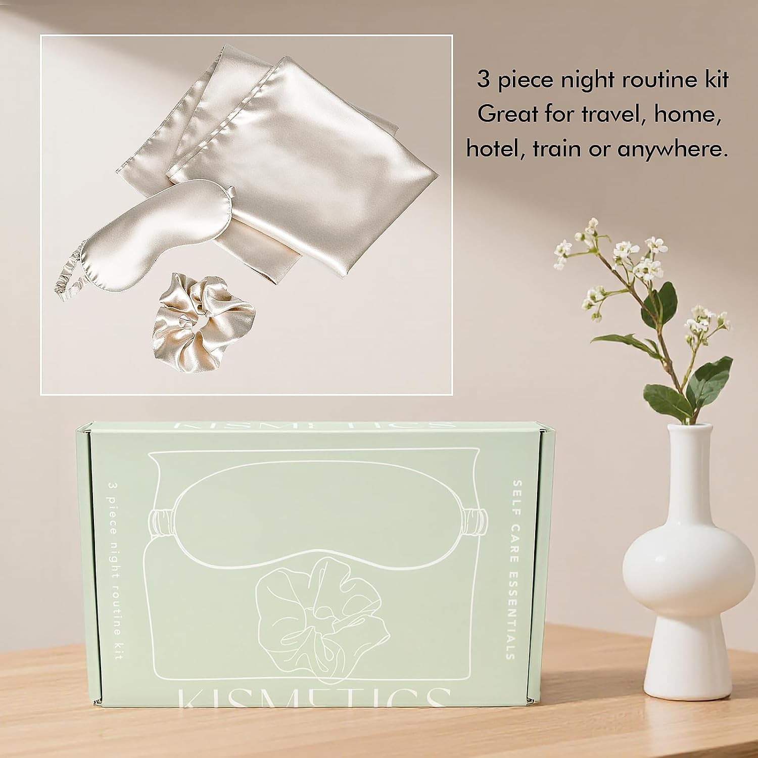 Satin sleep set – pillowcase, eye mask & scrunchie – champagne | frizz-free 3-piece self care kit for hair & skin, large no-crease scrunchie, standard 20"x26", beauty sleep set - view 7
