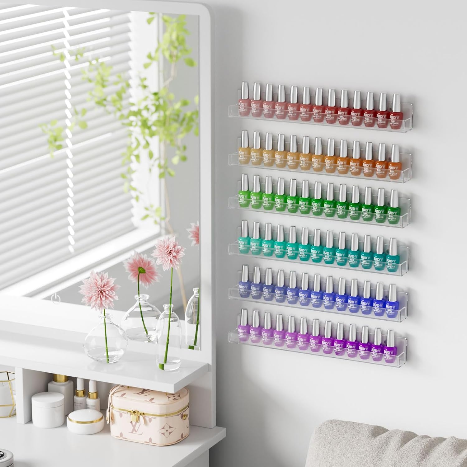 6 Pack Nail Polish Rack Wall Mounted Shelf with Removable Anti-Slip End Inserts, Clear Acrylic Nail Polish Organizer Display 90 Bottles | Acrylic Nail Polish Rack with Removable Anti-Slip End Inserts, Nail Polish Organizer Shelf Display, 90 Bottles, Clear - view 5