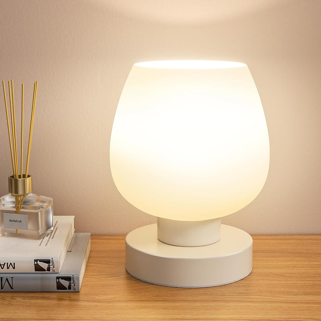 Small Touch Table Lamp for Nightstand, 3 Way Dimmable Bedside Lamp | White Glass Shade, Bedroom, Living Room, Night Stands, Small Spaces, LED Bulb Included, Gift Choice
