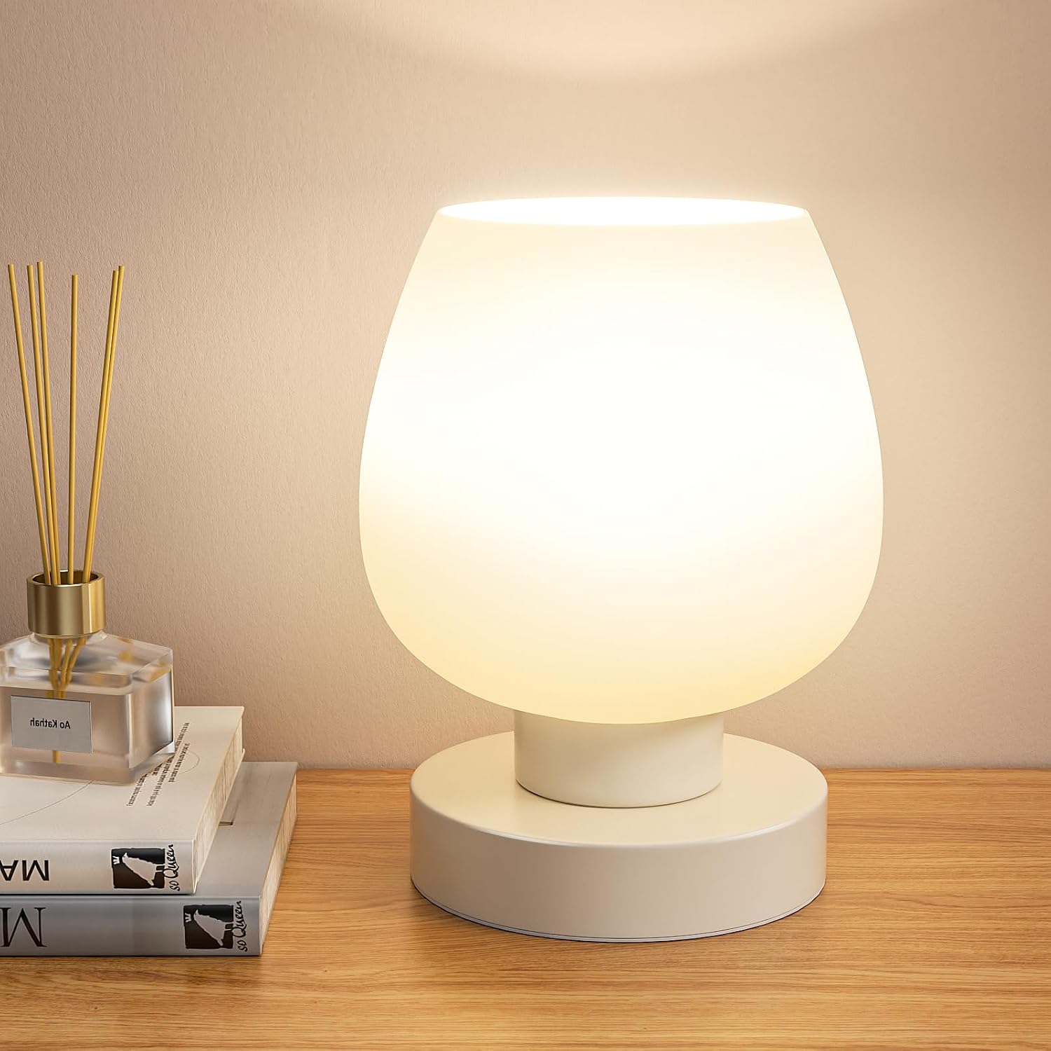 Small Touch Table Lamp for Nightstand, 3 Way Dimmable Bedside Lamp | White Glass Shade, Bedroom, Living Room, Night Stands, Small Spaces, LED Bulb Included, Gift Choice