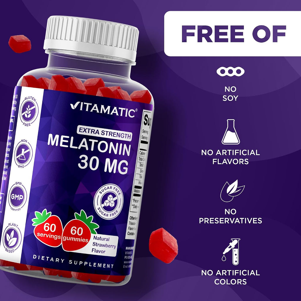 Sugar Free Melatonin 30mg per Gummy - 60 Servings - 60 Vegetarian Gummies - Non-Habit Forming Supplement (60 Count (Pack of 2)) - view 4