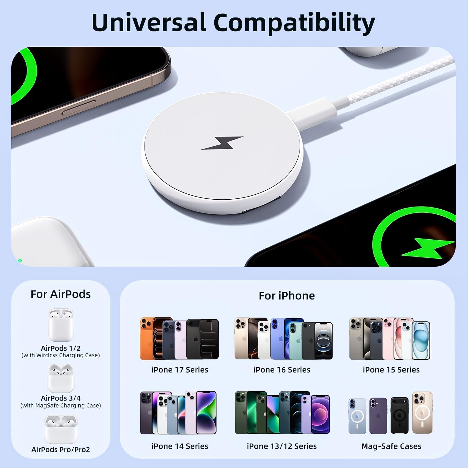 2 in 1 magnetic wireless charger pad & stand for iPhone 12-17 (all series) with 6.6ft USB-C woven charging cable - view 7