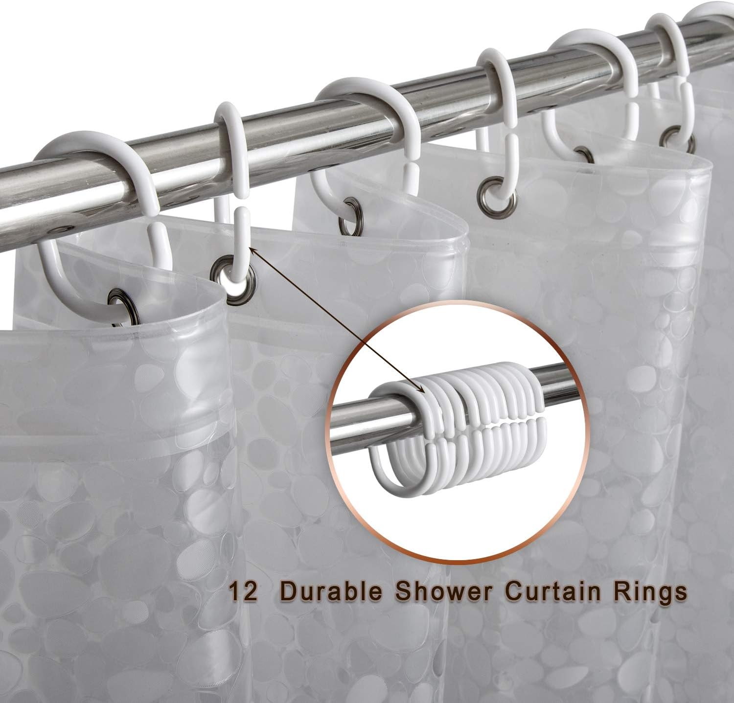 Waterproof shower curtain liner 8G EVA thick shower curtain with heavy duty 3 bottom magnets, shower liner for shower stall, bathtubs, 3D pebble pattern, 72 x 72, 12 hooks - view 4