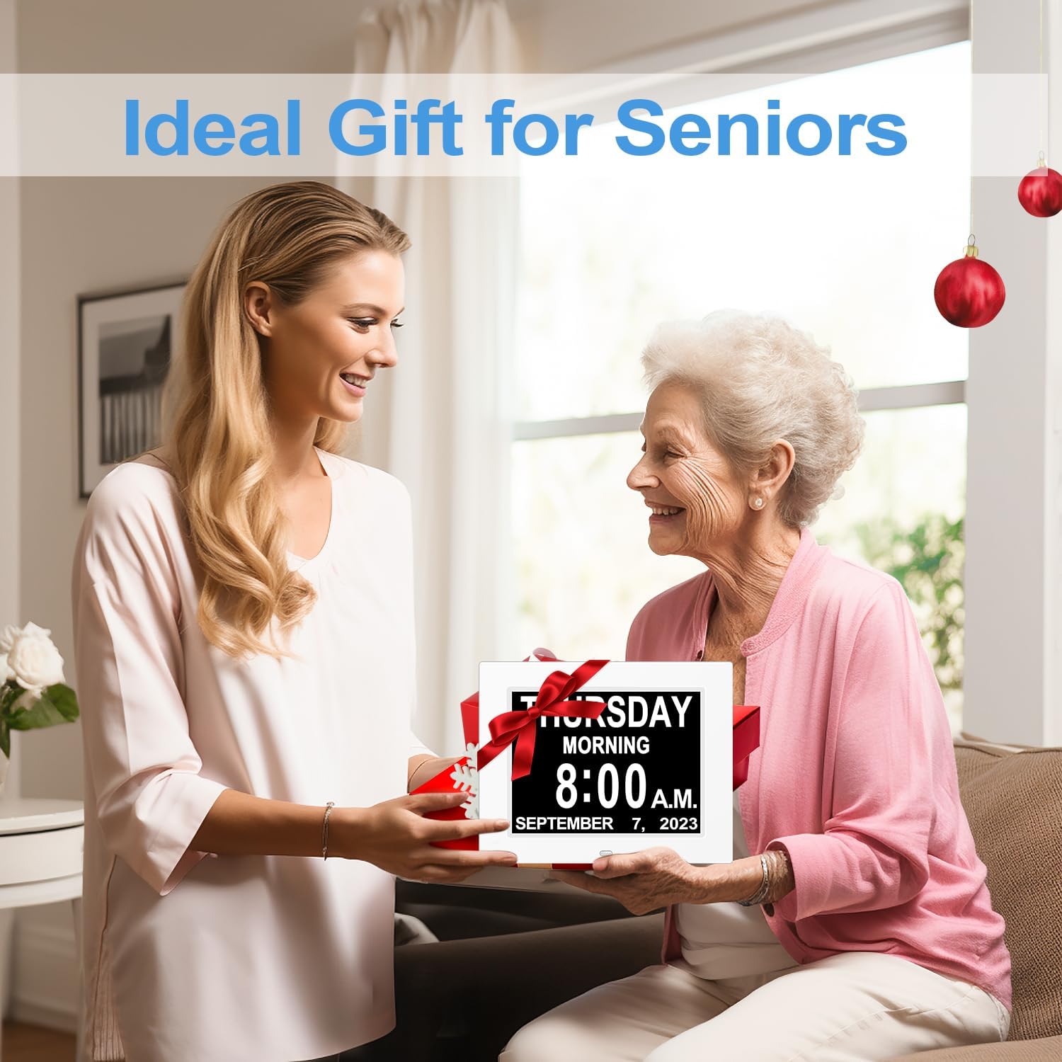 8" large digital calendar day clock for seniors - easy to read dementia memory loss clock for elderly with IPS wide angle, day & date, 12 custom alarms & auto-dimming, white - view 5