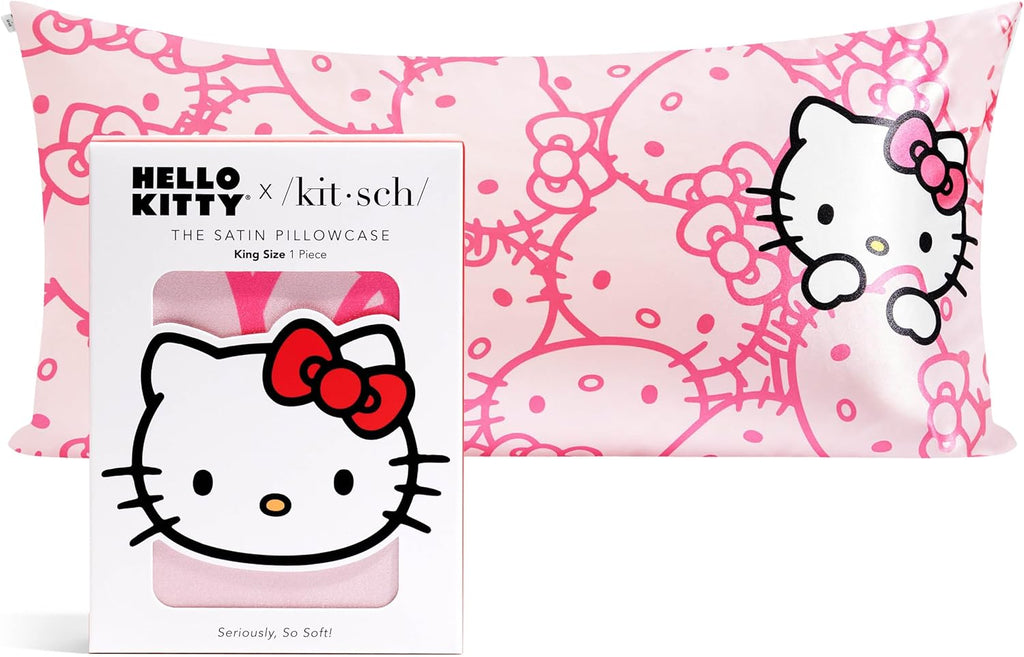 X Hello Kitty Satin Pillowcase - Size 19x36, Pink Kitty Faces | Softer Than Silk Pillow Cases, Smooth Cooling Satin Pillow Case Perfect for Toddlers, Wrinkle-Free, and Machine Washable