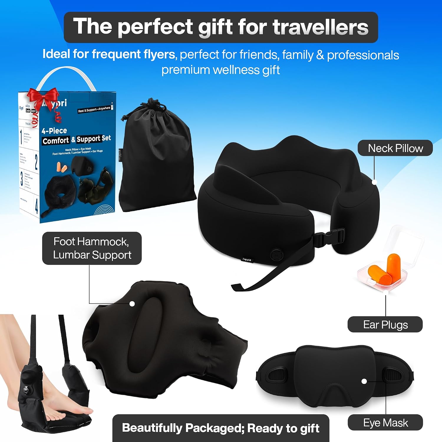 4-in-1 Travel Set – Inflatable Neck Pillow, Convertible Lumbar Support & Foot Hammock, 3D Sleep Mask & Ear Plugs – Complete Comfort Kit for Airplane, Office & Car – Gift-Ready (Black) - view 2