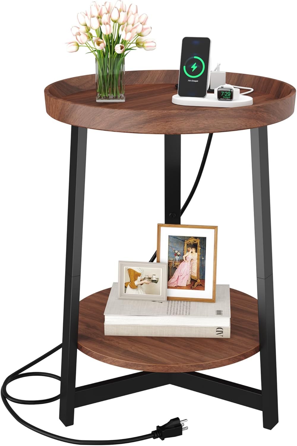 2 Tier Round Side Table with Storage Shelf,Accent Tray End Table with Modern Pedestal Legs, Nightstand Bedside Sofa Table for Living Room Bedtoom Apartment, Black - view 7