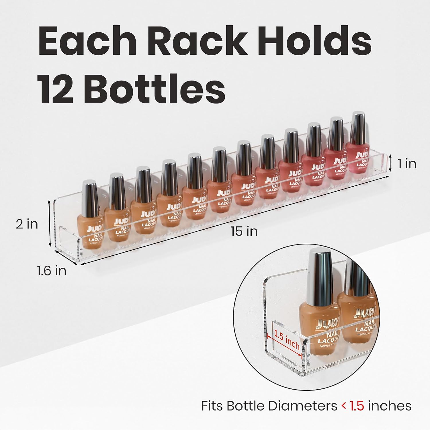 6 Pack Nail Polish Rack Wall Mounted Shelf with Removable Anti-Slip End Inserts, Clear Acrylic Nail Polish Organizer Display 90 Bottles | Acrylic Nail Polish Rack with Removable Anti-Slip End Inserts, Nail Polish Organizer Shelf Display, 90 Bottles, Clear - view 3