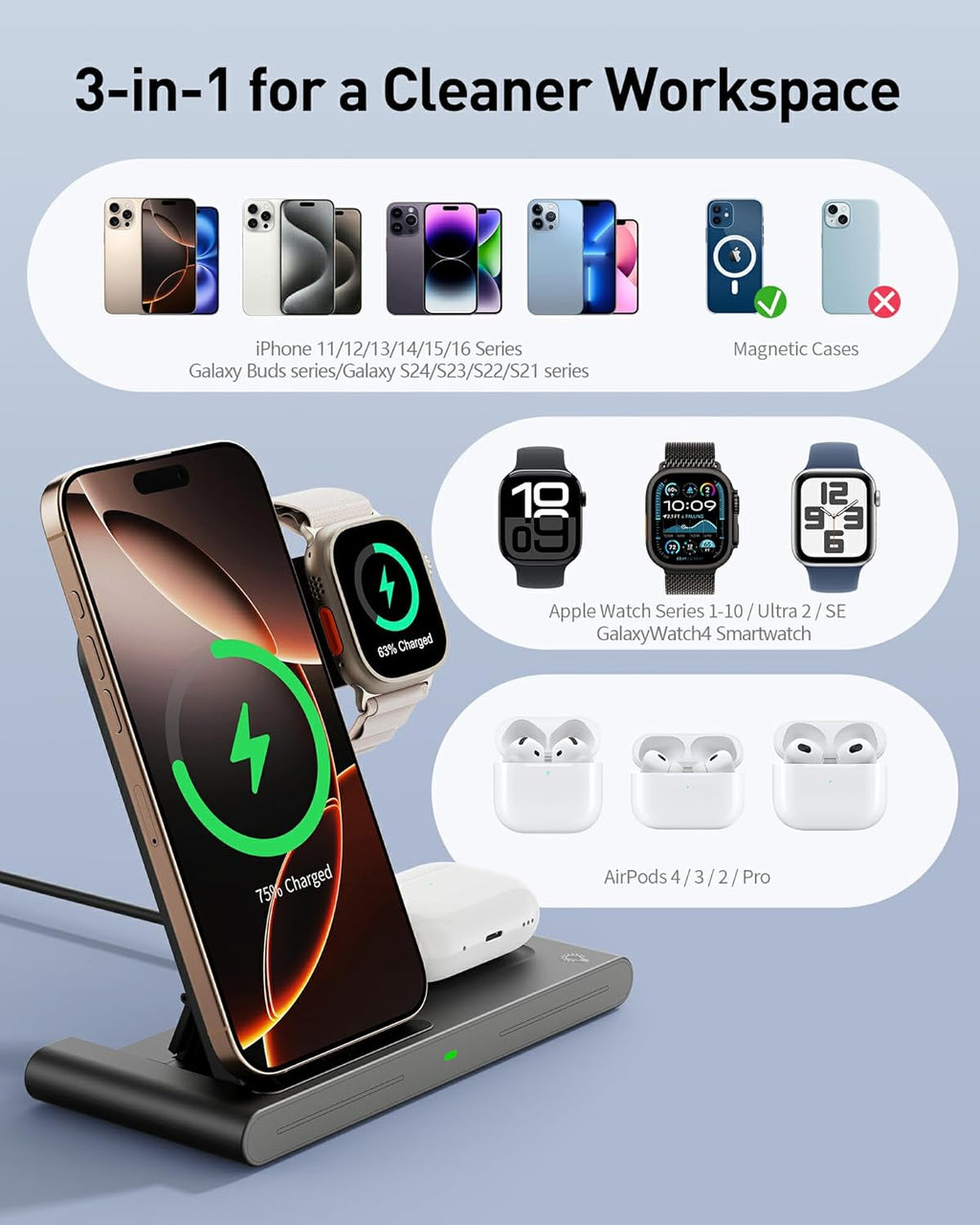 2026 Wireless Charger for Apple and Android Charging Station,3 in 1 Fast Max Charging for iPhone 16 15 14 13 12 Pro Max Plus, Apple Watch Series & Air pods 4 3 2 Pro, Android Samsung Galaxy Series - view 2