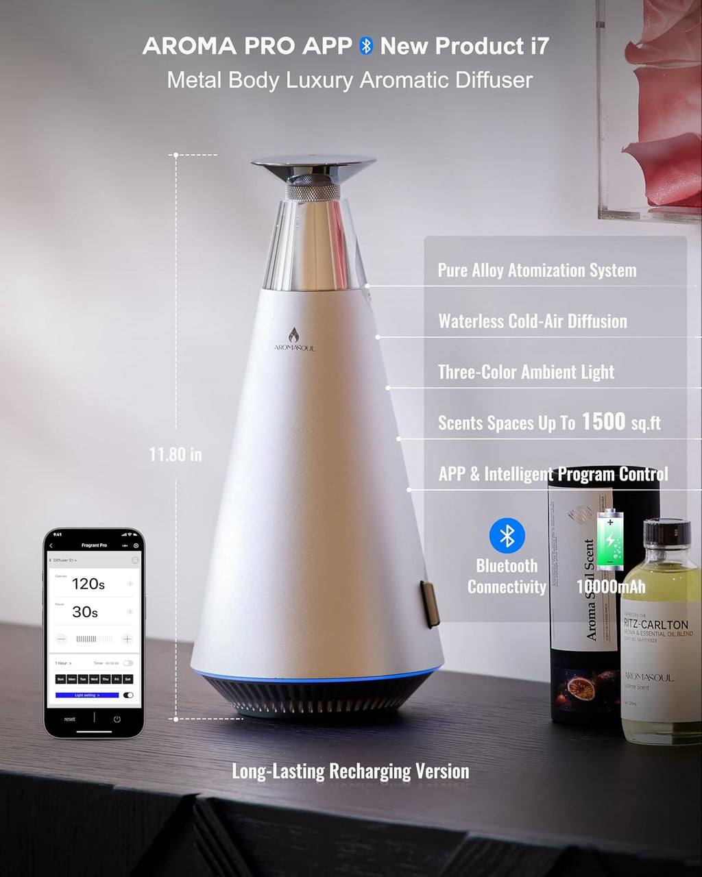 All-Metal Waterless Scent Diffuser Kit – 1500 Sq.Ft Coverage, Wireless Rechargeable,App Control, Mood Light, Hotel Scent Diffuser, Includes 5×15ml Essential Oils, for Home,Large Room,Spa,Silver - view 2
