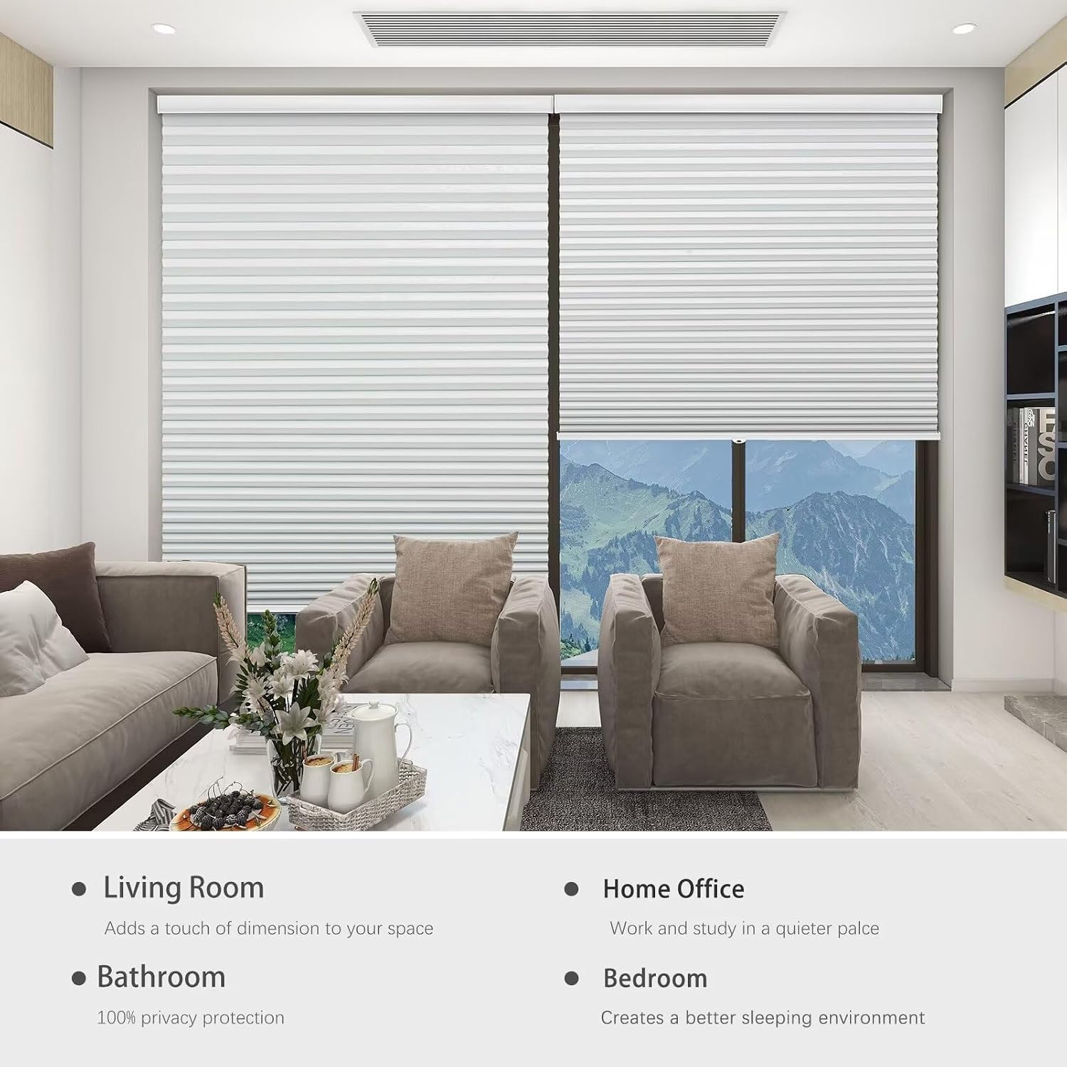Cordless cellular shades, blackout room darkening black out honeycomb blinds for indoor windows bedroom, pull down pleated accordion blind easy install, shade size 34" Wx72 H, White - view 5