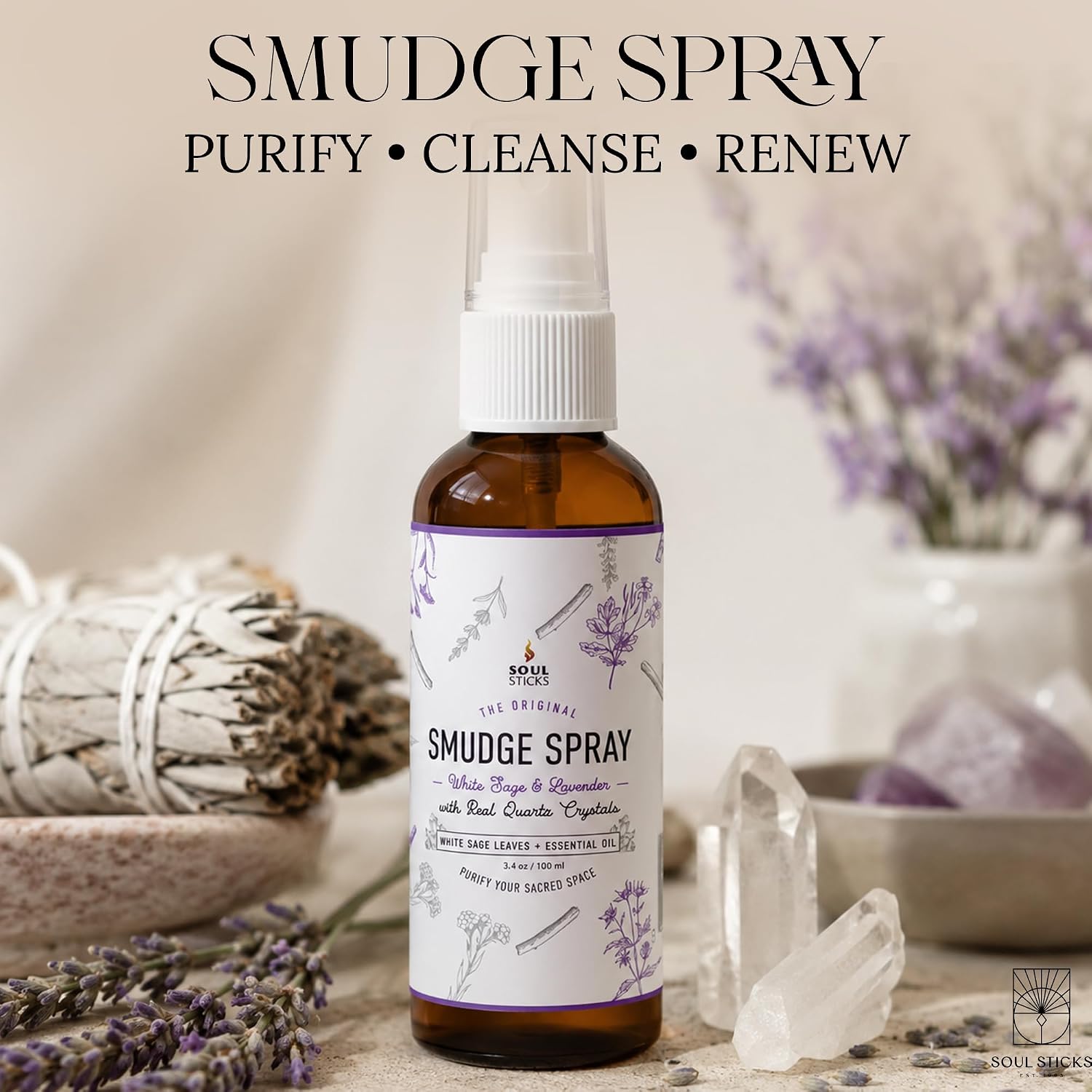White Sage & Lavender Smudge Spray – 3.5oz Smokeless Mist with Quartz Crystals – Calming Essential Oil Spray for Sleep, Stress Relief, Meditation, and Energy Cleansing - view 2