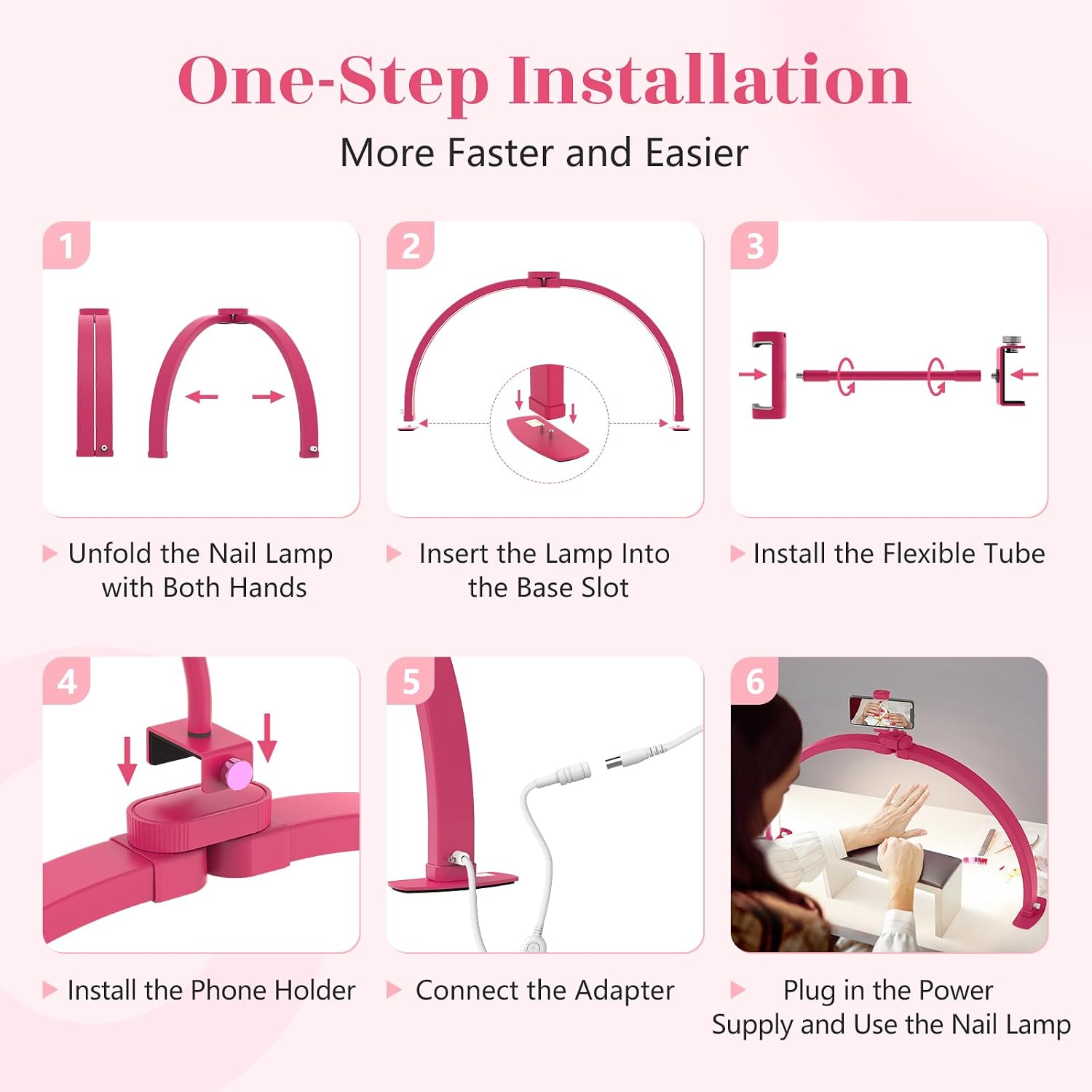 Half moon light for nail desk: 29" foldable nail light for desk | AB diamonds arch nail tech light with phone holder for beginner - 3 color modes & 10 brightness for manicure salon - rose red - view 5