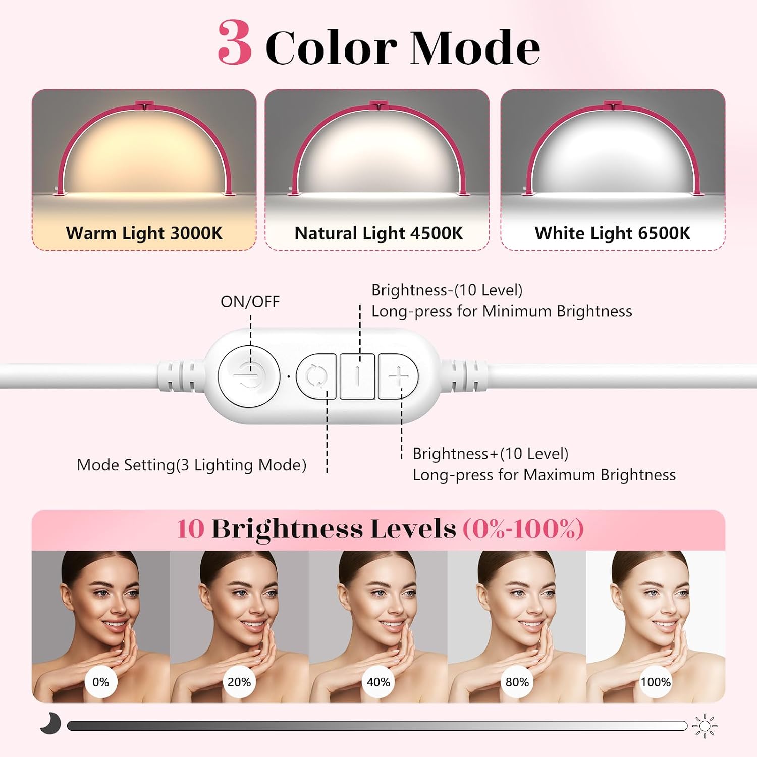 Half moon light for nail desk: 29" foldable nail light for desk | AB diamonds arch nail tech light with phone holder for beginner - 3 color modes & 10 brightness for manicure salon - rose red - view 3