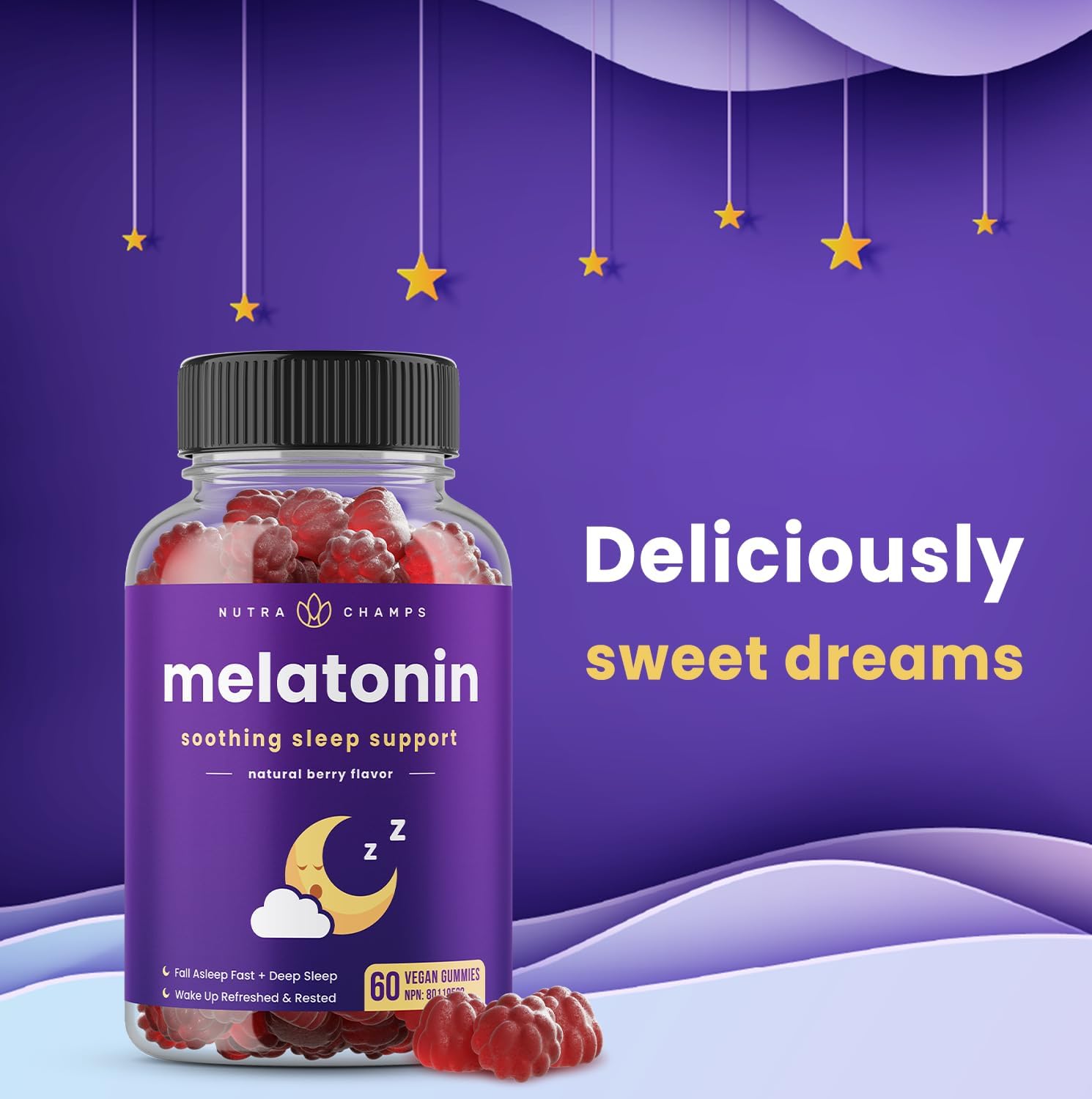 Melatonin gummies for kids & adults, natural sleep aid drug-free, vegan berry flavor kids melatonin gummy supplement, 2.5mg, 5mg or 10mg dose, sleeping pills substitute, 60 count pack of 1 - view 3