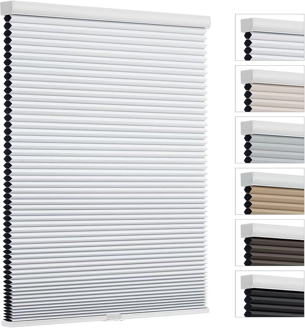 Cordless cellular shades, blackout room darkening black out honeycomb blinds for indoor windows bedroom, pull down pleated accordion blind easy install, shade size 34" Wx72 H, White