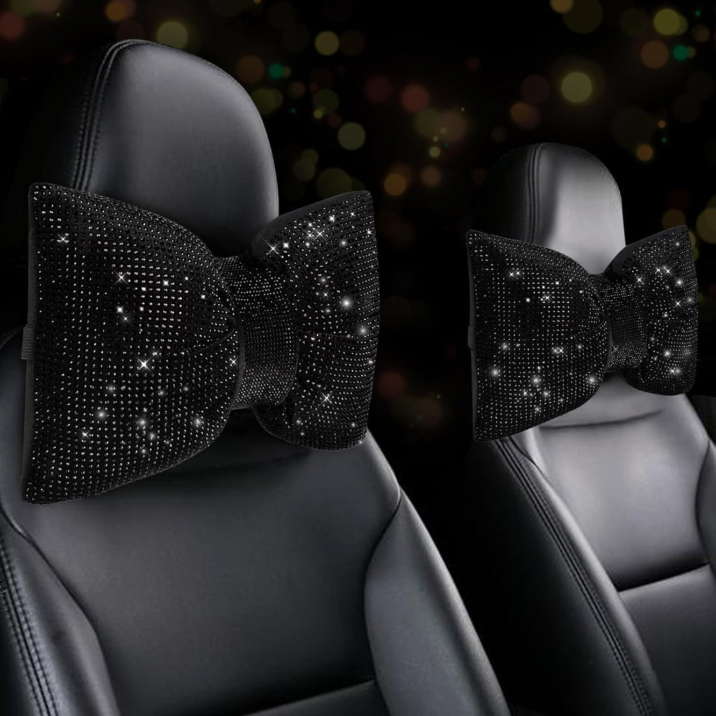 2 pcs bling car pillows, rhinestones bowknot car headrest pillow, black, car neck pillow for driver relax neck support, sleeping travel support neck pillow, diamond interior accessories for women