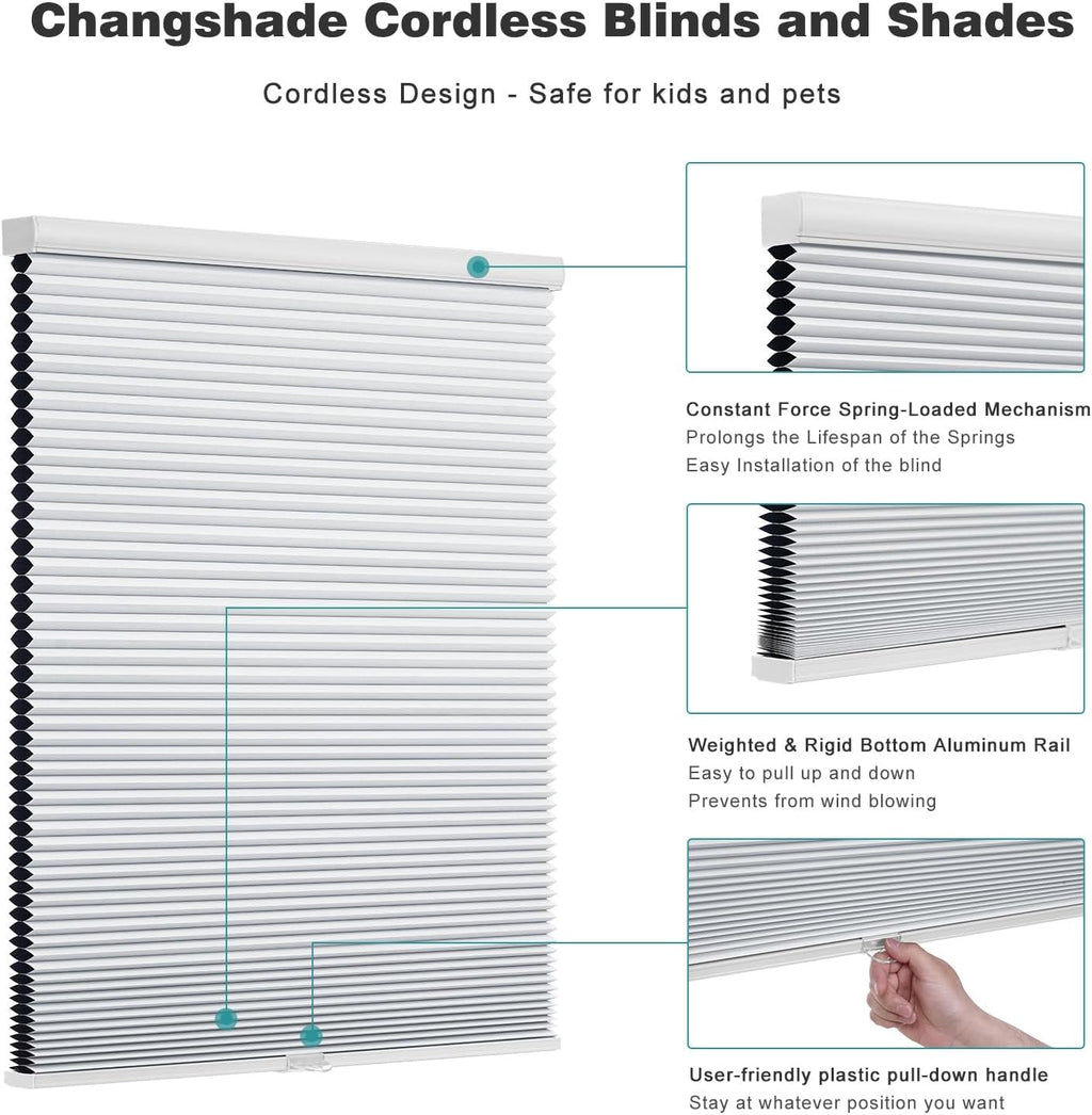 Cordless Cellular Shades,Blackout Honeycomb Shades for Windows,Pull Down Pleated Blinds,Easy to Install for Indoor Windows and French Doors,White(Blackout),34" w x 64" h - view 3