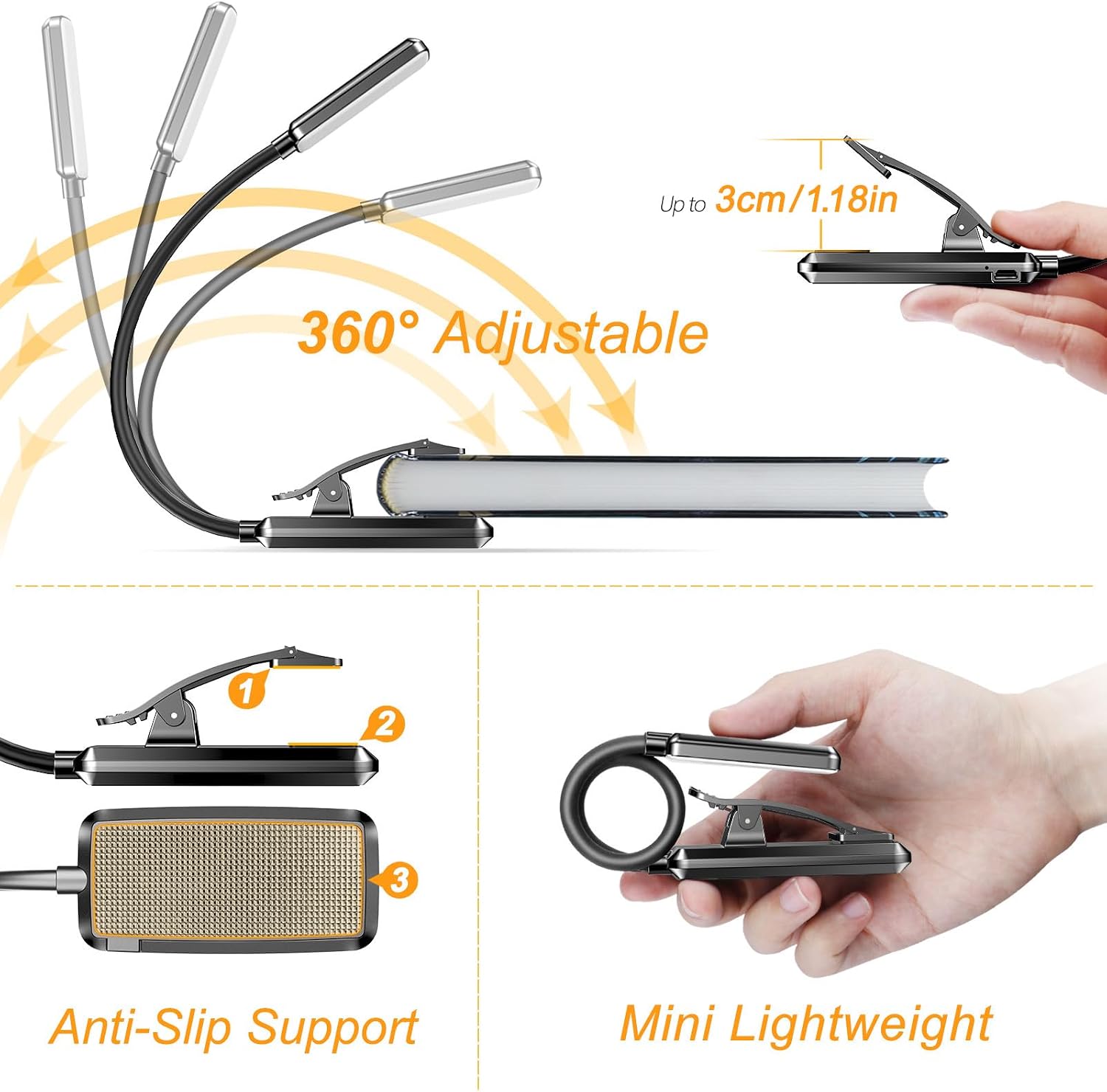 9 LED Rechargeable Book Light for Reading in Bed | Eye Caring 3 Color Temps,Stepless Dimming Brightness,80 Hrs Runtime Small Lightweight Clip On Book Reading Light for Studying - view 5