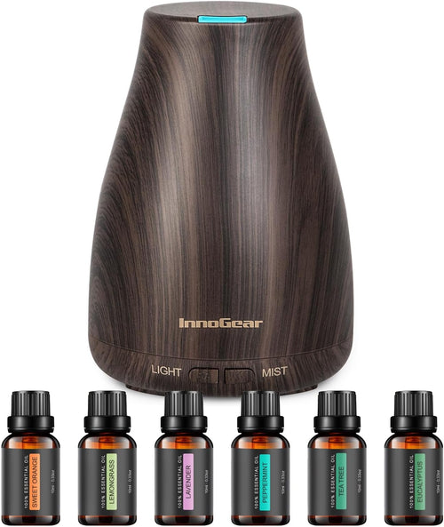 100ml Essential Oil Diffuser for Home with 6 Oils Gift Set, Brown | Gift Set, Essential Oils, Aromatherapy, Automatic Shut-Off, Portable, Quiet, Run up to 8hrs, Cool Mist Humidifier, Large Room