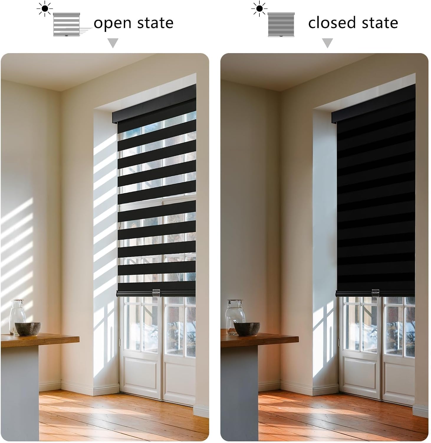 Cordless Zebra Blinds for Indoor Windows, 15" W x 72" H, Black | Light Filtering Roller Window Shade, Dual Layer Light Control for Day & Night, Pull Down Blind Easy Install, Child & Pet Safe - view 2