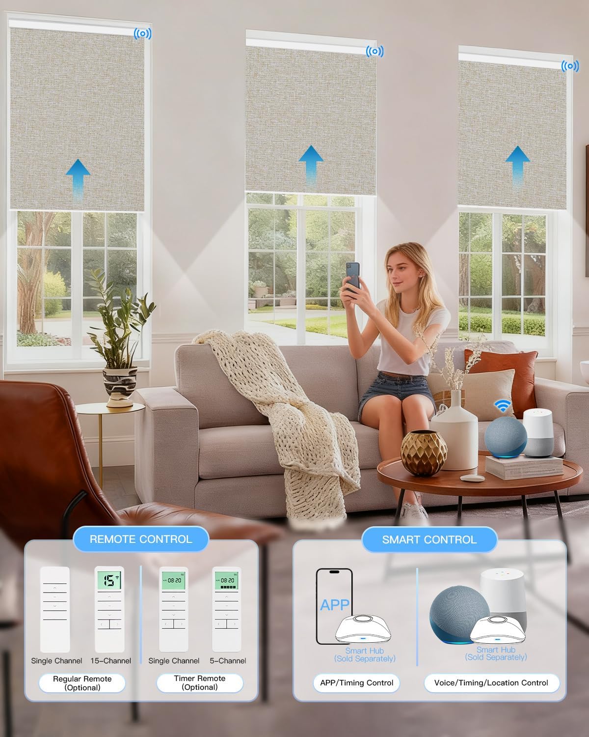Motorized roller shade with remote control, blackout electric shade for windows compatible with Alexa Google via hub, rechargeable smart window blind for home office (Fabric beige) - view 2