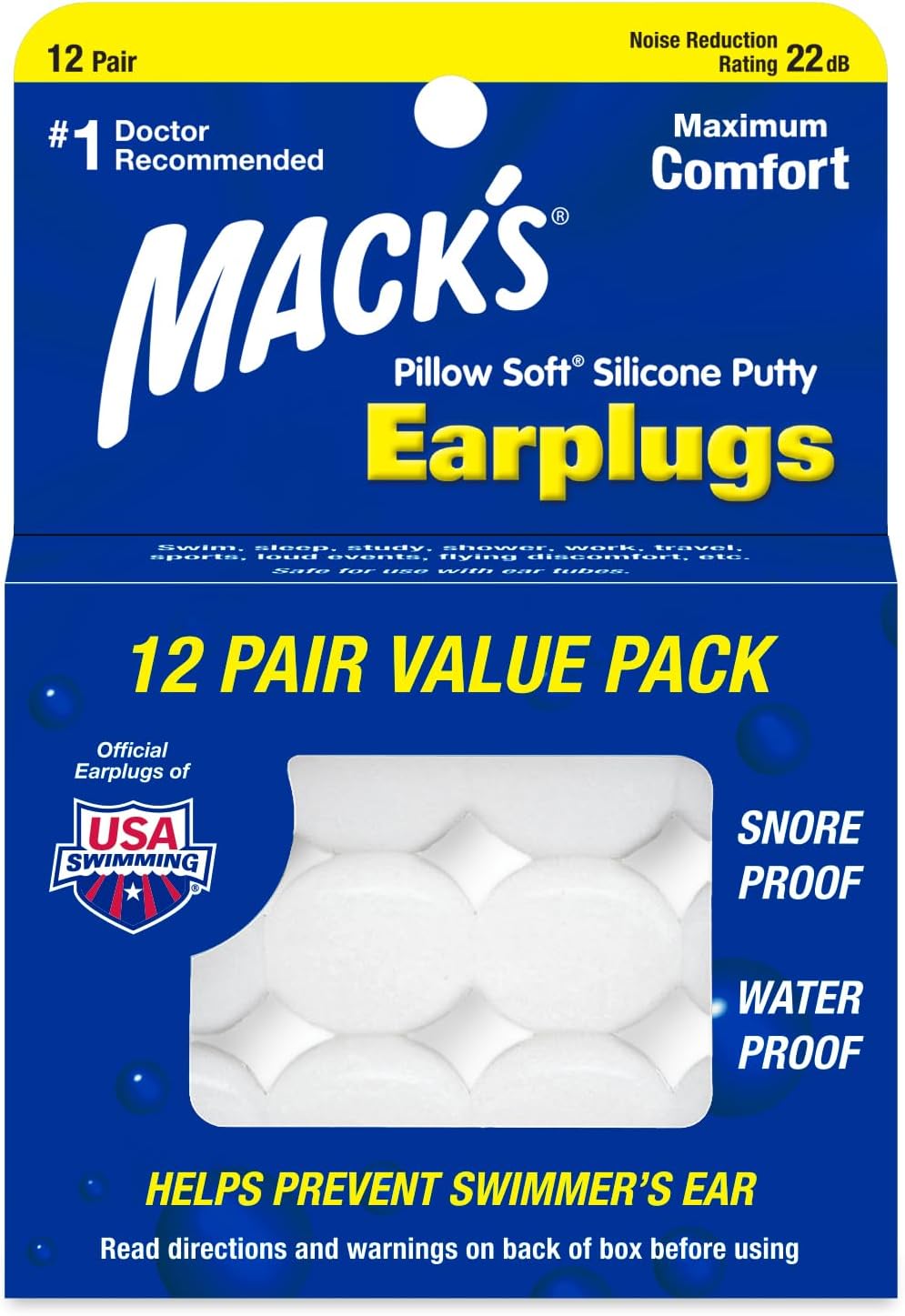 Pillow soft silicone earplugs, 12 pair – moldable silicone putty ear plugs for sleeping, snoring, swimming, travel, concerts and studying | made in USA