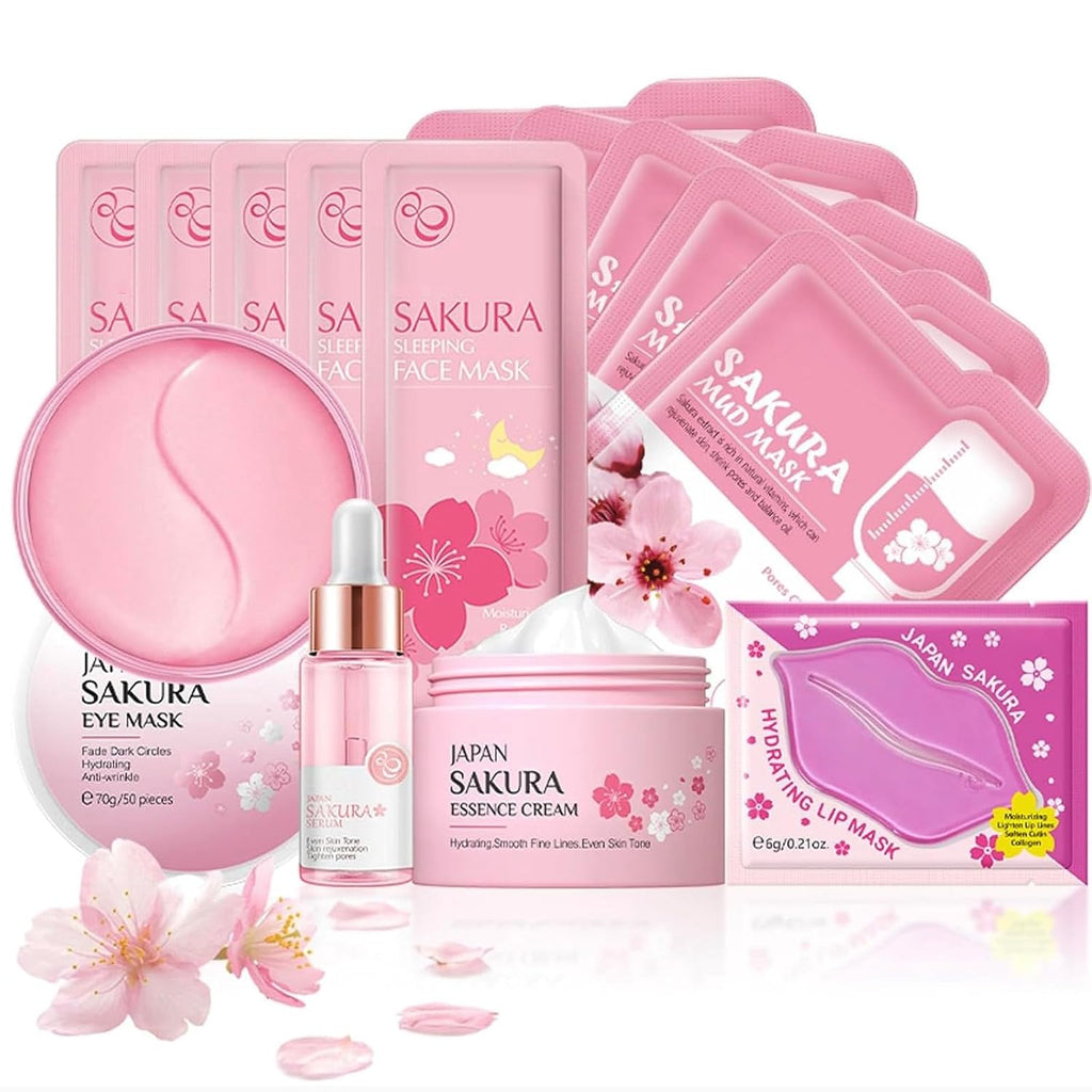 Skin care set, skin care for teens 10-12, travel essentials skincare gift set for women - cream, serum, eye mask, lip mask, 5 sleeping mask, 5 mud mask, hydrating teen skincare kit