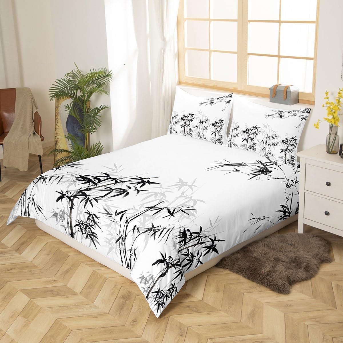 Bamboo Leaves Bedding Set,Ink Art Duvet Cover for Kids Teens Boys Girls,Black White Watercolor Comforter Cover Decorative Room,Bamboo Quilt Cover with 2 Pillowcases,King Size(No Comforter) - view 3