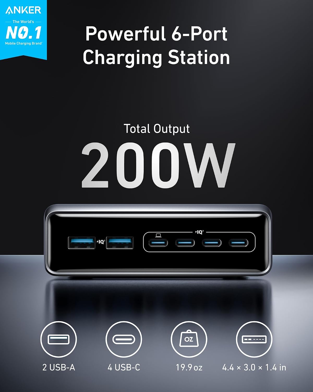 Prime Charging Station, 200W 6-Port GaN Desktop Charger | Fast Charging USB C Charger for Multiple Devices, Compatible with iPhone, Galaxy, MacBook, Dell and More - view 2