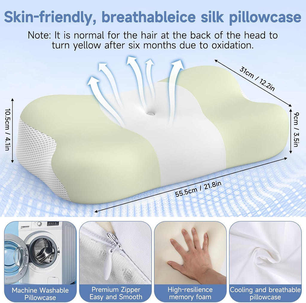 Memory Foam Cervical Pillow, Neck Comfort Support,Ergonomic High-Low Contour Neck Pillow, Supportive Sleeping Pillow for Side, Back, Stomach Sleepers, Removable Washable Cover(Green) - view 6