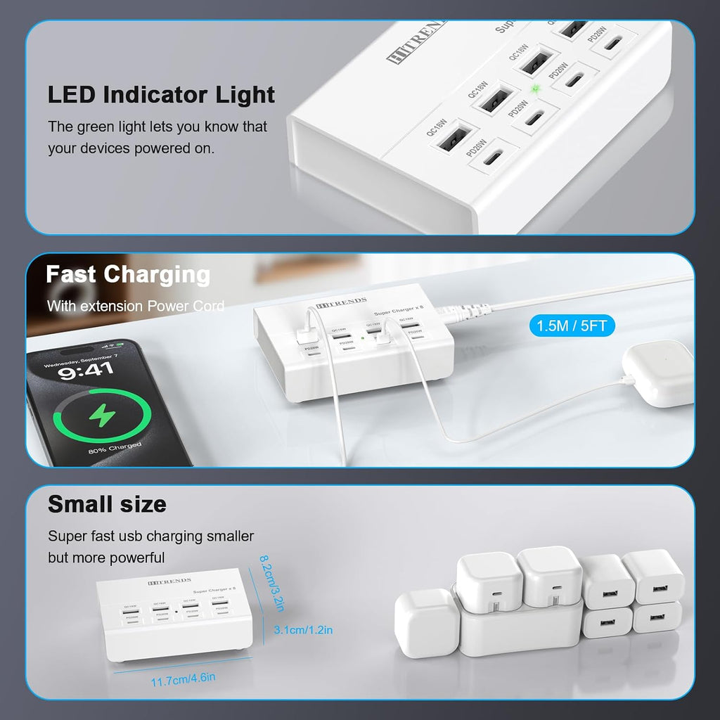 USB charger with USB C PD20W and USB A QC18W, 60W PD fast charging station, 5ft 8-port multiple desktop multi port USB charging hub compatible with iPad iPhone 17/16/15/14, Galaxy S24/S23/S22 - view 4